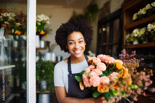 Happy young florist smiling while working in a florist shop. Young small business female owner standing in front of her flower shop. © Bobboz