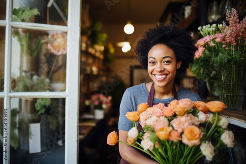 Happy young florist smiling while working in a florist shop. Young small business female owner standing in front of her flower shop.
