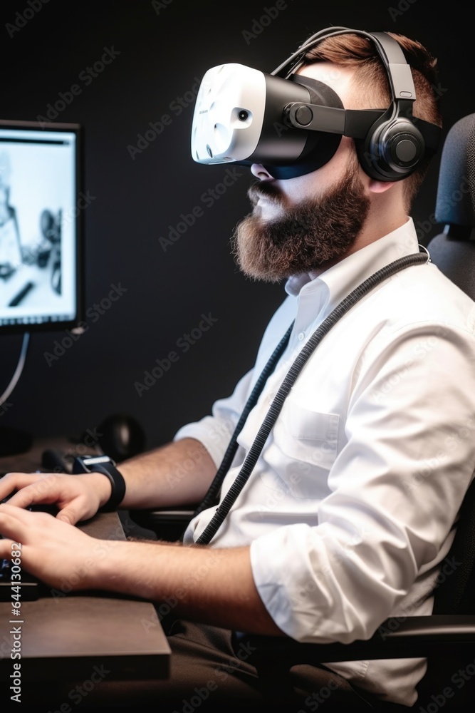 closeup shot of a man wearing a vr headset while sitting in front of his computer closeup shot of a man wearing a vr headset while sitting in front of his computer