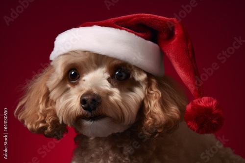 Close-up portrait photography of a funny poodle wearing a christmas hat against a rich maroon background. With generative AI technology