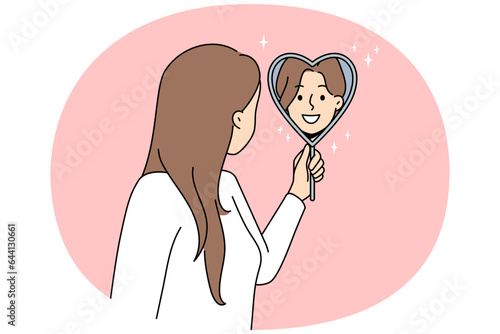 Smiling woman look in heart shaped mirror satisfied with reflection. Concept of self-love and self-acceptance. Vector illustration.