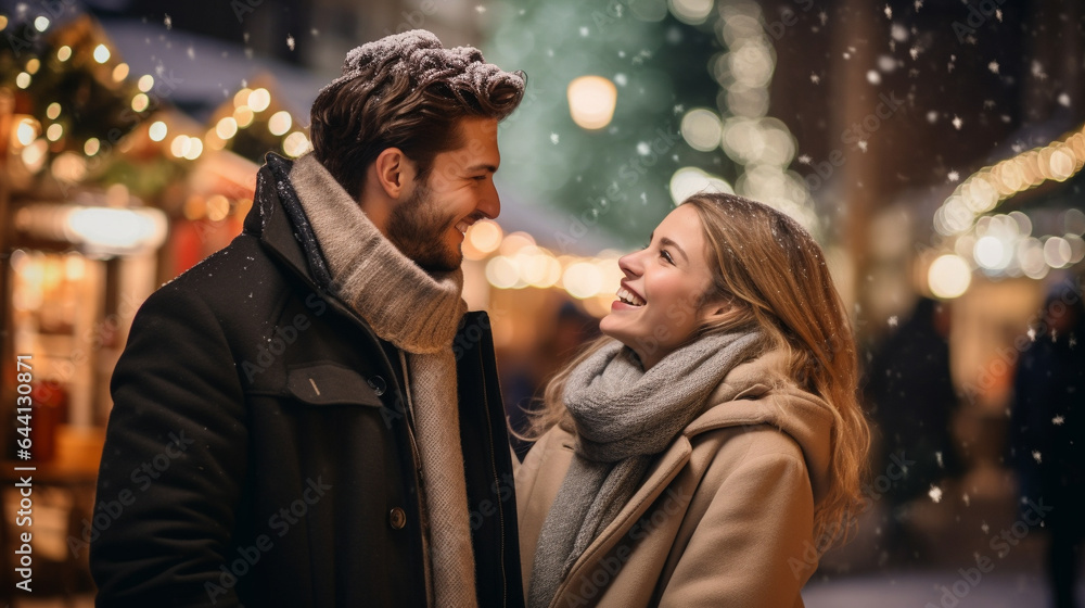 A cheerful couple, warmly dressed, enjoys hot drinks and laughter at a Christmas market, surrounded by falling snowflakes.