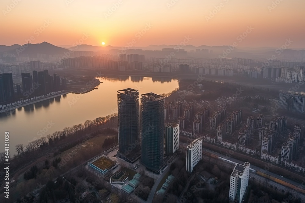 Hangzhou China centrum city in sunset 