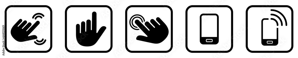 Hand, Mobil Phone and Screen touch User Interface Icons. Black and White line art style, editable file on transparent background vector stock illustration. Hand, Mobil Phone and Screen touch User Interface Icons. Black and White line art style, editable file on transparent background vector stock illustration.