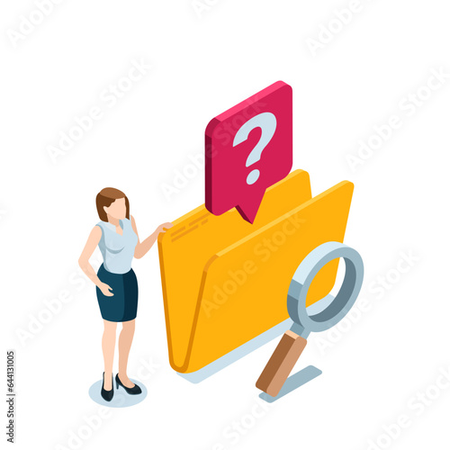 isometric business woman near open empty folder in color on white background, magnifier and question mark, file search or data problem