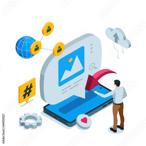 isometric man sending image from smartphone in color on white background, sending message or repost
