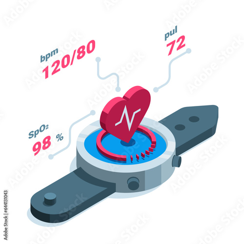 isometric smart watch with heart showing heart rate in color on white background, heart rate or health status in watch