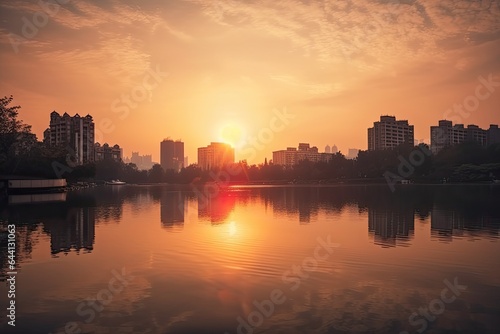 Hangzhou China centrum city in sunset 