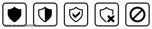 Shield, Guard, Virus protection program User Interface Icons. Black and White line art style, editable  file on transparent background vector stock illustration.
