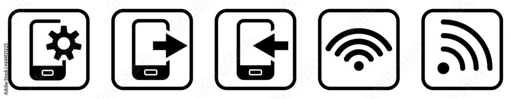 Mobile Phone data transfer and wireless User Interface Icons. Black and White line art style, editable file on transparent background vector stock illustration. Mobile Phone data transfer and wireless User Interface Icons. Black and White line art style, editable file on transparent background vector stock illustration.