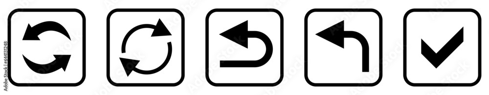 Arrows, recycle and check sign User Interface Icons. Editable Black and White line art style, editable file on transparent background vector stock illustration. Arrows, recycle and check sign User Interface Icons. Editable Black and White line art style, editable file on transparent background vector stock illustration.