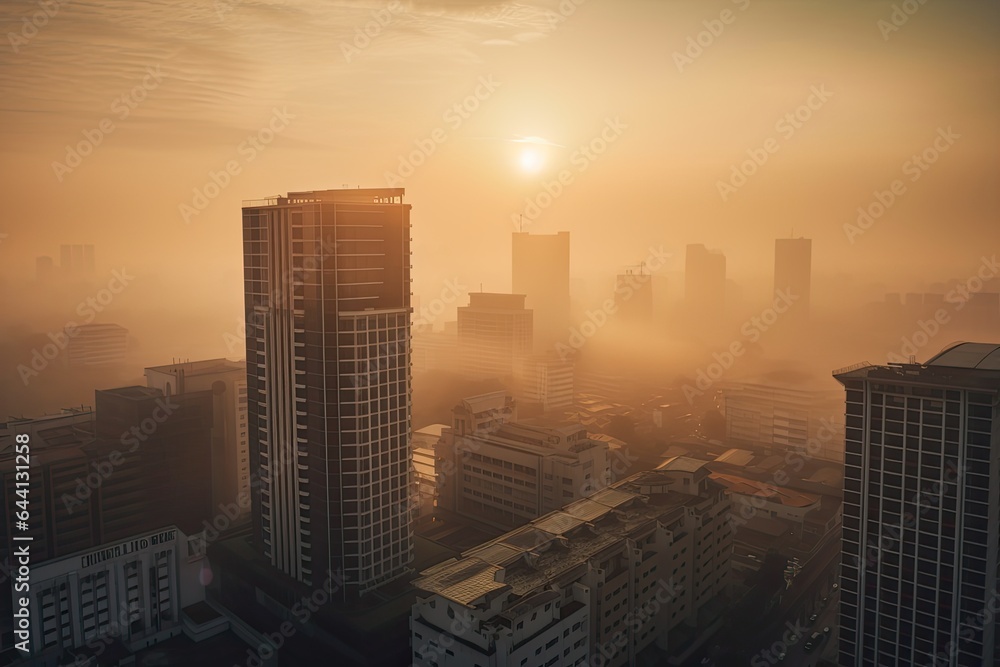 Jakarta Indonesia centrum sunset in fog 