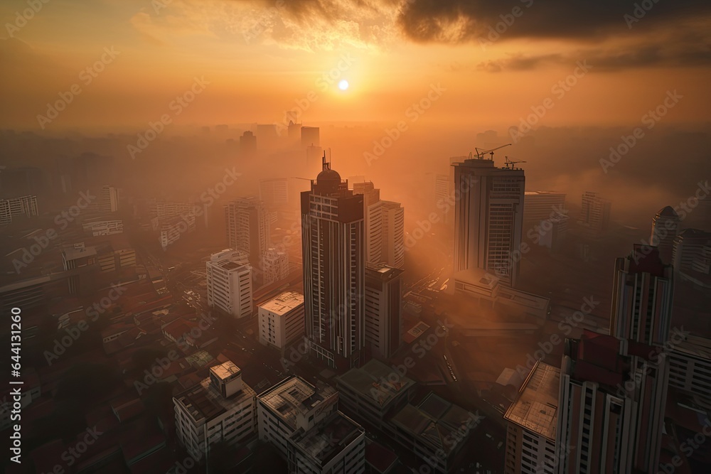 Jakarta Indonesia centrum sunset in fog 