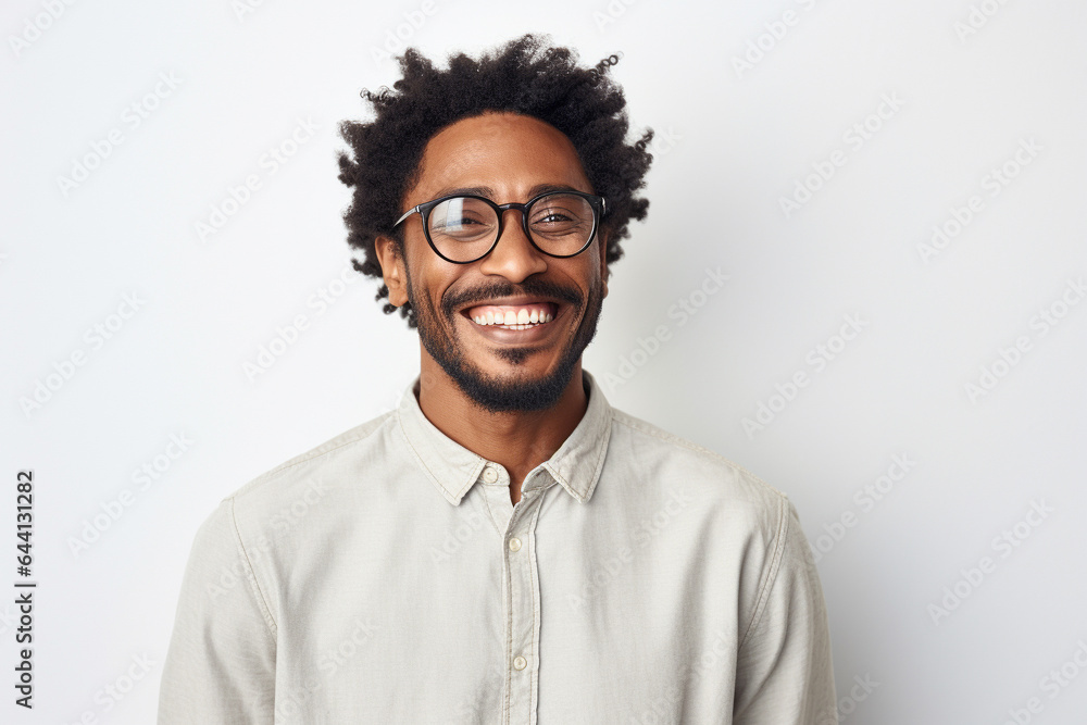 A joyful portrait of a Black man in glasses against a white backdrop. - obrazy, fototapety, plakaty 