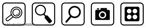 Magnifying glass, search and camera User Interface Icons. Black and White line art style, editable  file on transparent background vector stock illustration.