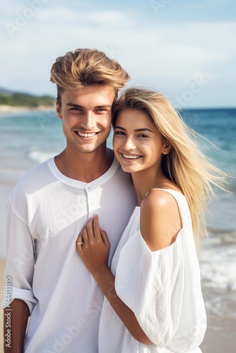 shot of a happy young couple standing in front of the sea