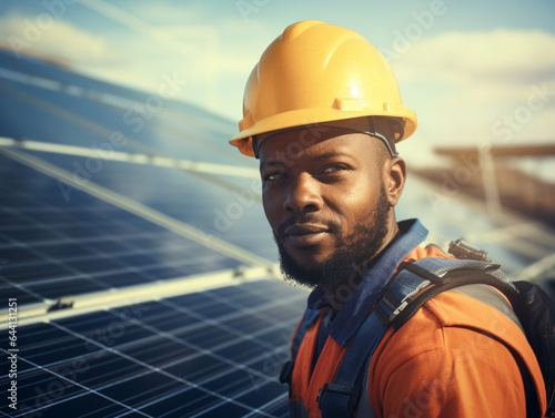 A construction worker stands confidently beside a solar panel.