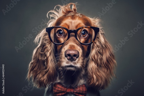 Headshot portrait photography of a cute cocker spaniel wearing a hipster glasses against a dark grey background. With generative AI technology