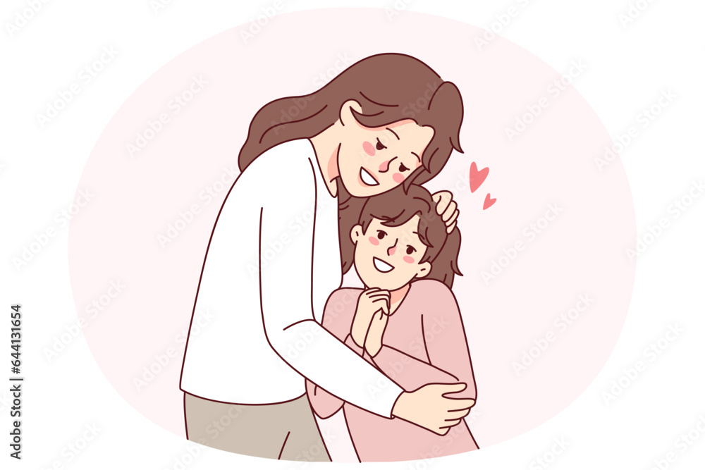 Happy mother hugging small daughter show love and care. Smiling young mom cuddle embrace little girl child. Motherhood and parenthood. Vector illustration. Happy mother hugging small daughter show love and care. Smiling young mom cuddle embrace little girl child. Motherhood and parenthood. Vector illustration.