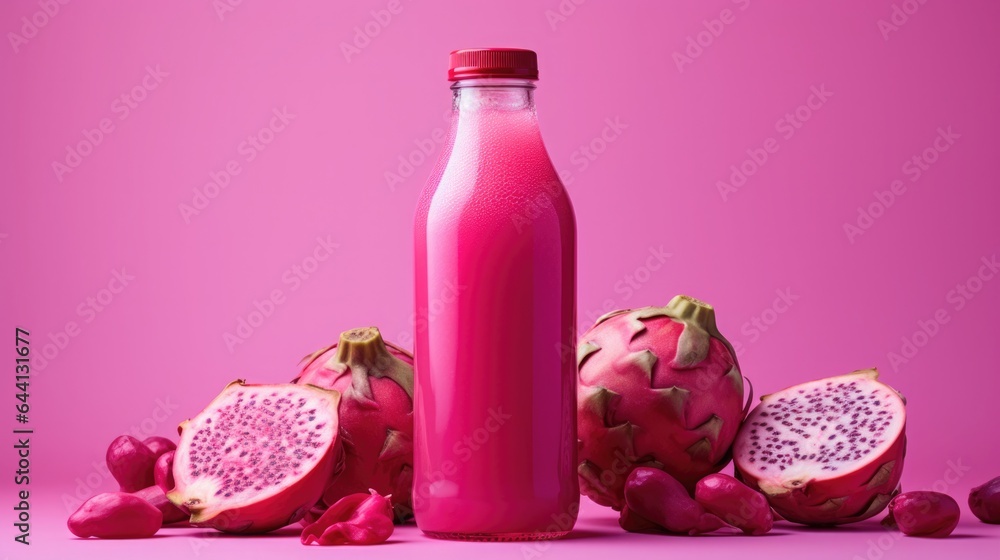 Electrolyte drink with cold-pressed fresh dragon-fruit juice in a glass bottle against the background of a piece of ripe dragon-fruit, minimalist still life. Electrolyte drink with cold-pressed fresh dragon-fruit juice in a glass bottle against the background of a piece of ripe dragon-fruit, minimalist still life.