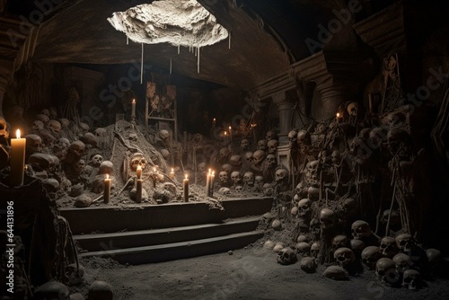 Gloomy crypt houses an eerie altar surrounded by scattered bones and skulls. Generative AI