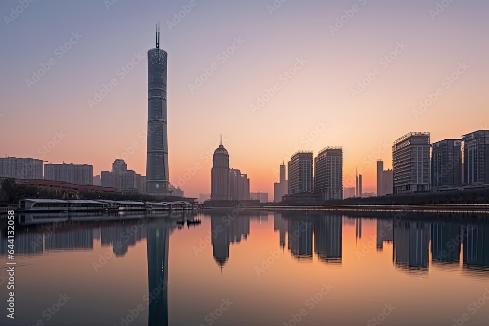 Tianjin China centrum city in sunset 