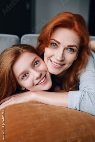 cropped portrait of a happy mother and daughter lying on the sofa at home