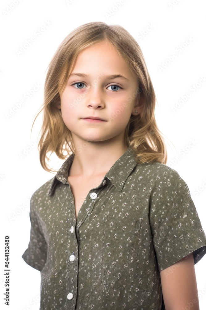 studio shot of a young girl standing in front of a white background studio shot of a young girl standing in front of a white background