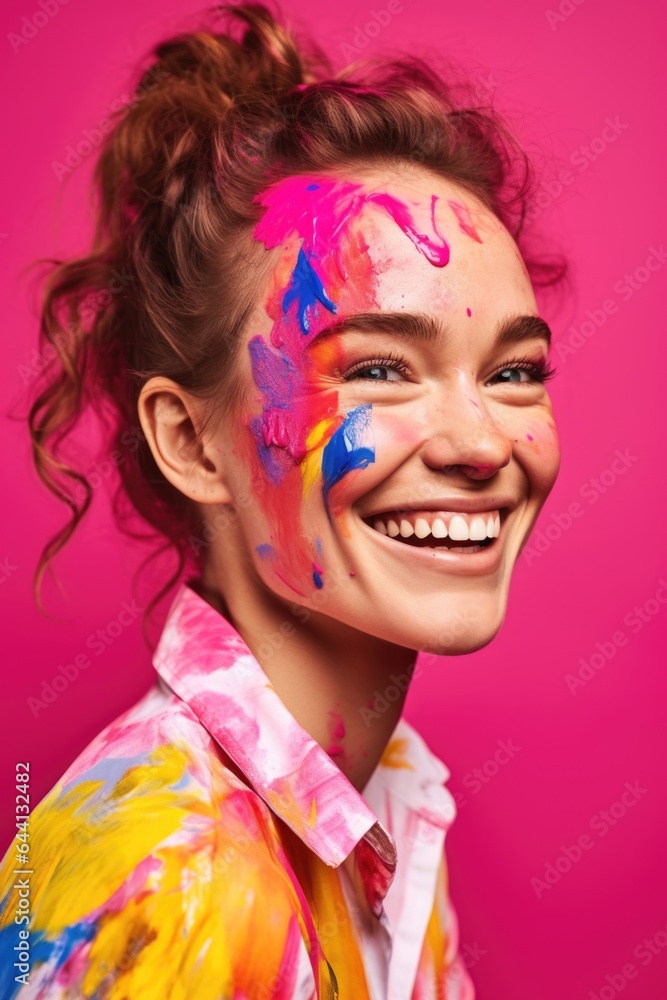 shot of a beautiful young woman wearing colorful face paint standing against a pink background