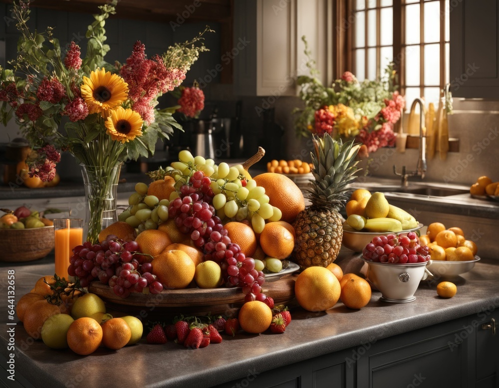 Still life with flowers and fruits in retro style. Still life with flowers and fruits in retro style.