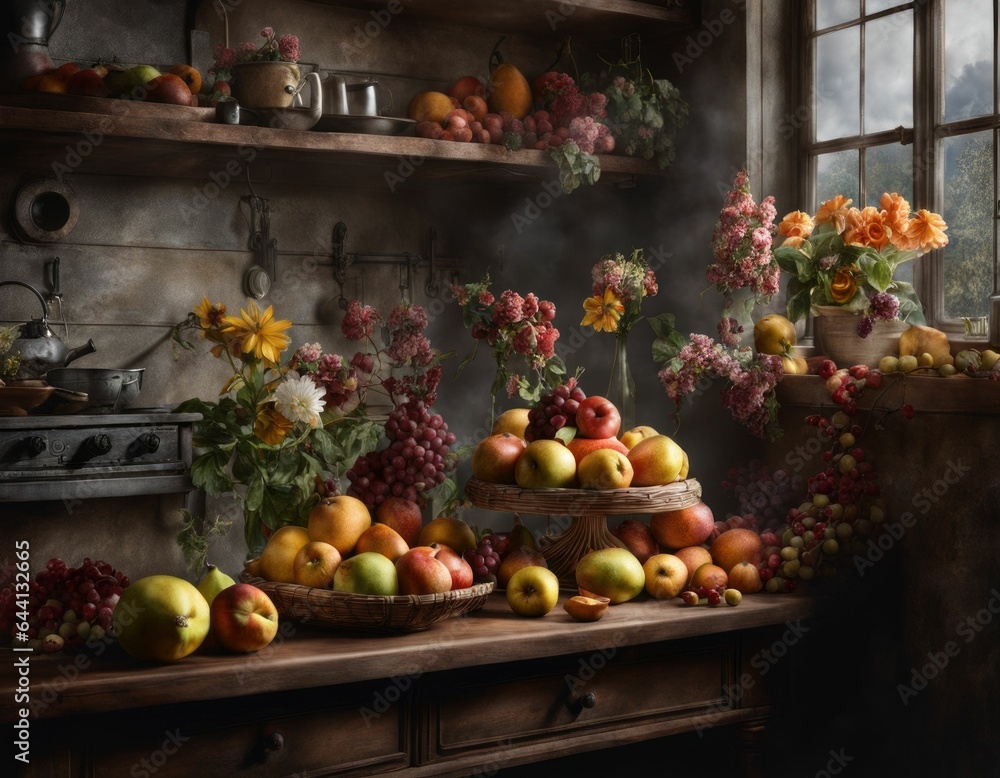 Still life with flowers and fruits in retro style. Still life with flowers and fruits in retro style.
