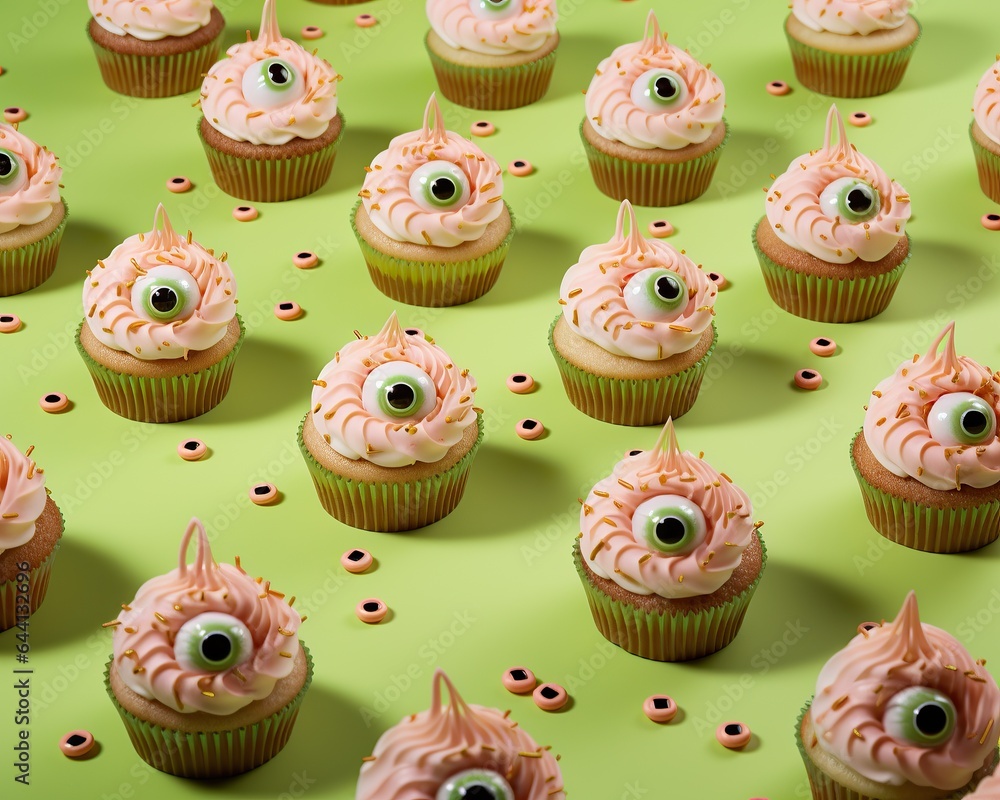 This eerie yet sweet sight of cupcakes topped with pink frosting and googly eyes captures the perfect blend of spooky and delicious for any halloween-themed baking session This eerie yet sweet sight of cupcakes topped with pink frosting and googly eyes captures the perfect blend of spooky and delicious for any halloween-themed baking session