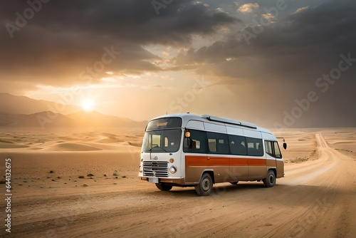 Generate images of old 1960 model Bedford bus with passanger on the roof travelling through the desert of Thal Doab Punjab Pakistan under bright sun light conditions 4k, 8k, 16k, full ultra hd, high r