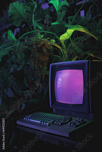 A sleek neon retro futuristic vaporwave laptop sits atop a modern desk, its glowing screen and tactile keyboard beckoning to be used for work, play, or exploration of the wilds of the digital world