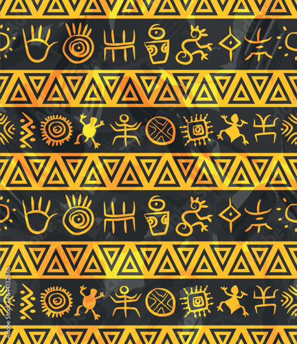 golden geometric native south american indigenous pattern with  petroglyphs with water color effect 