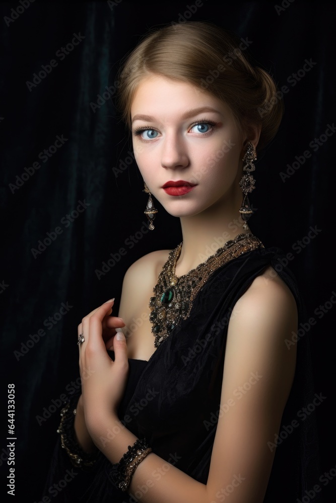 portrait of a young beauty dressed in a black gown and wearing costume jewelry portrait of a young beauty dressed in a black gown and wearing costume jewelry