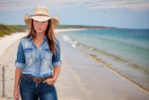 Beautiful blond young woman or girl in her twenties happy smiling wearing straw cowboy hat sitting on a beach with blue sea. Female with cowboy hat and tied jeans shirt on a tropical sea © useful pictures