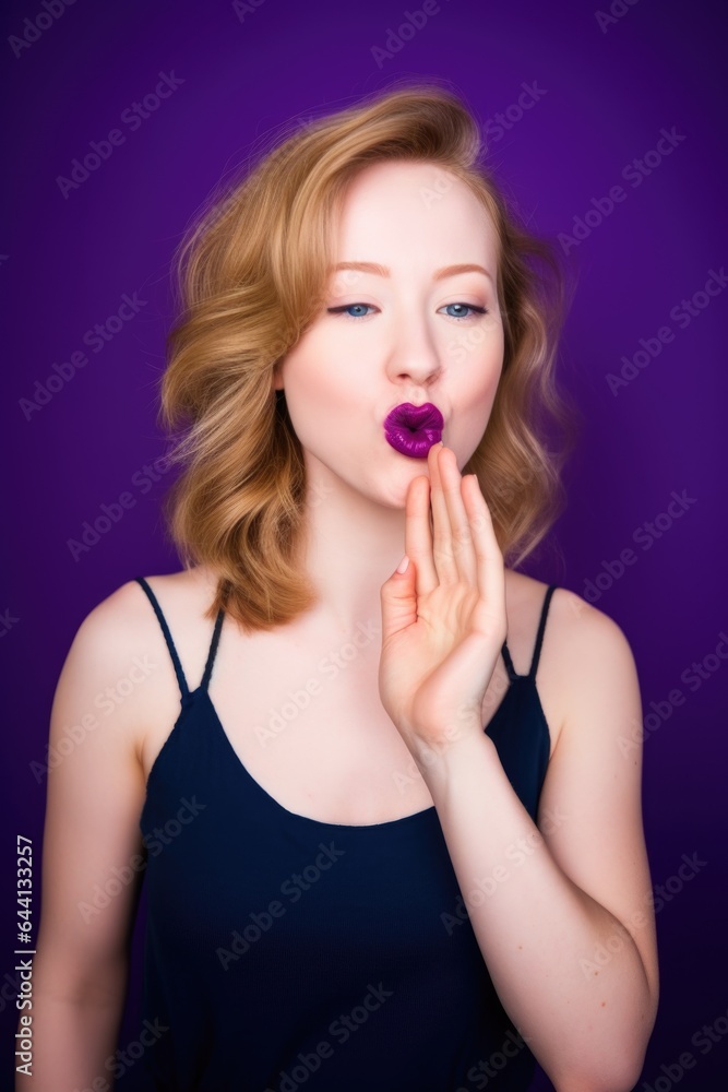 portrait of an attractive young woman blowing a kiss against a purple backgorund portrait of an attractive young woman blowing a kiss against a purple backgorund