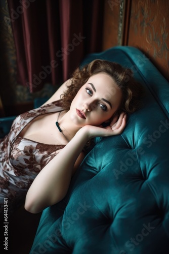 portrait of a beautiful young woman lying on a chaise lounge