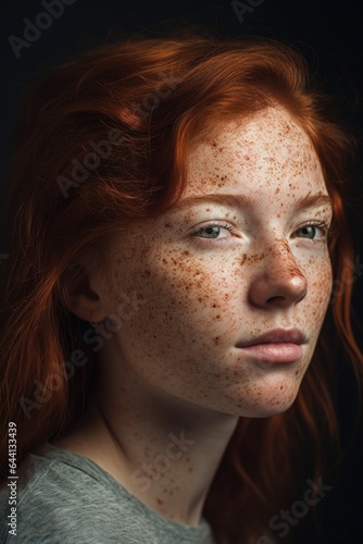 closeup studio portrait of a young woman with freckles