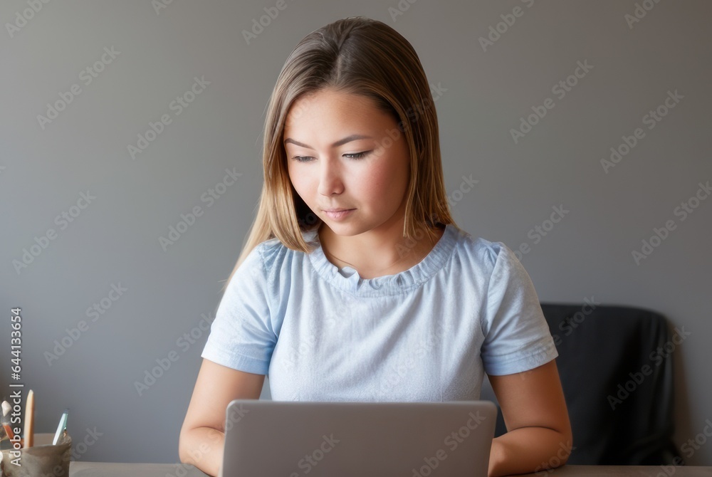 Naklejka premium Asian girl school student e learning distance training course study work at home office. Ethnic young woman watching online education webinar using laptop