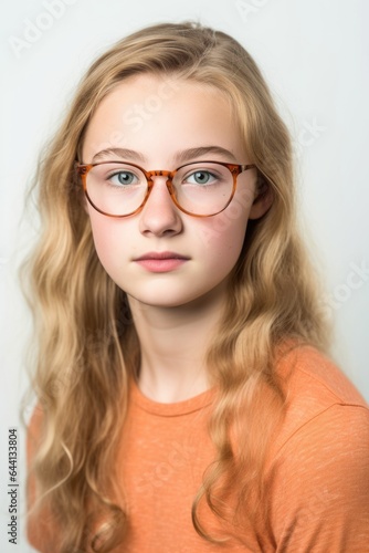 studio portrait of a teenage girl wearing glasses isolated on white
