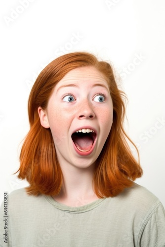 studio shot of a happy teenage girl looking surprised against a white background