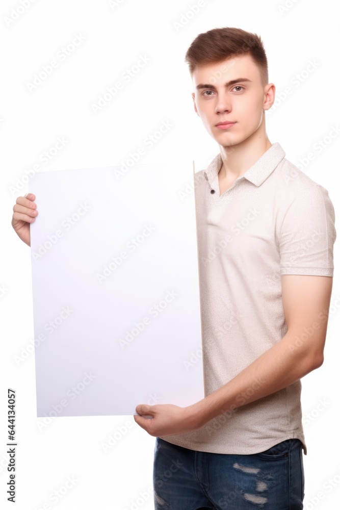 studio portrait of a young man holding up a blank placard isolated on white