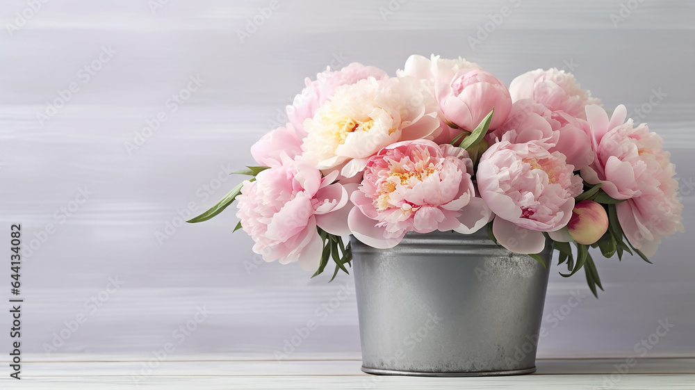 pink peonies in an iron bucket background with a copy space. pink peonies in an iron bucket background with a copy space.