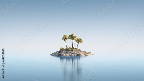 lonely little island with palm trees in the sea minimalism landscape.