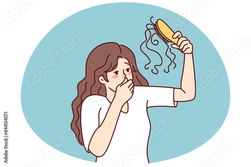 Unhappy woman frustrated with hair loss. Upset female stressed with hair thinning need medical treatment or procedure. Vector illustration.
