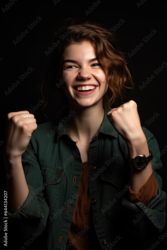 portrait of a playful young woman standing with her fists raised in studio portrait of a playful young woman standing with her fists raised in studio