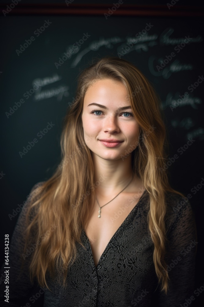 Fototapeta premium portrait of a young woman standing in front of a chalkboard with words on it