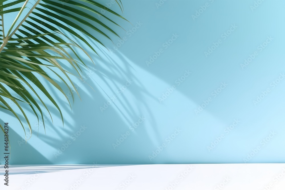 blurred shadow from palm leaves on the light blue wall